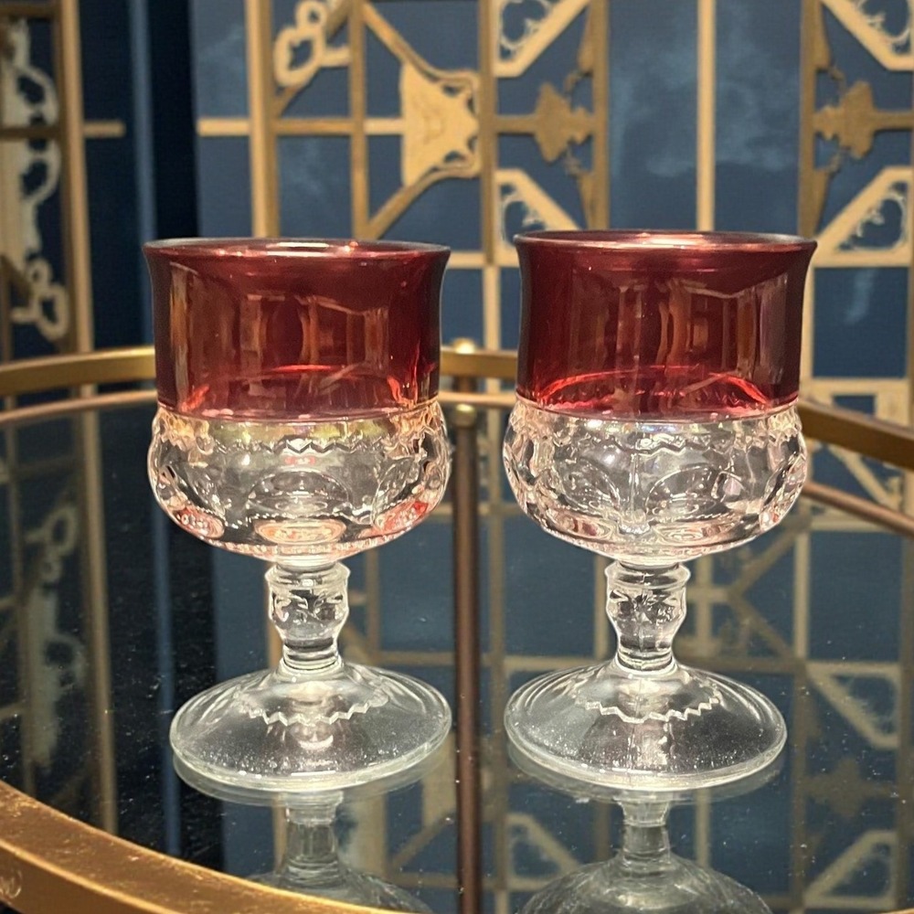 Tiffin Franciscan Kings Crown Juice Glasses, Set Of 2, Ruby Flashed Stemware‎